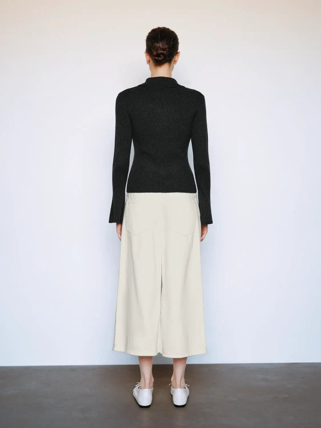 Ribbed Button Front Flared Mock Neck Long Sleeve Sweater