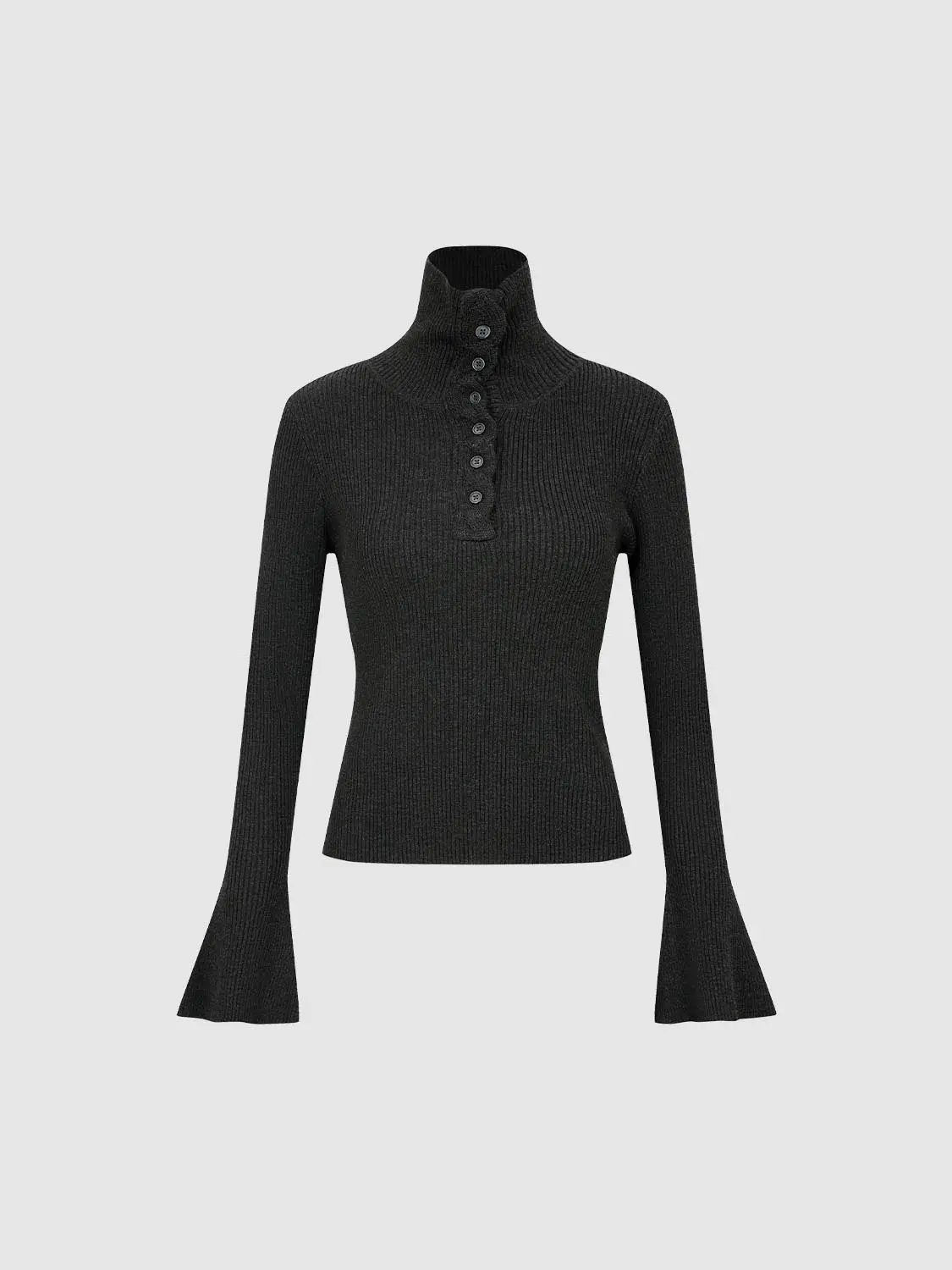 Ribbed Button Front Flared Mock Neck Long Sleeve Sweater