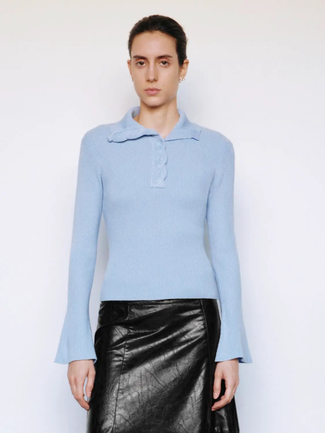 Ribbed Button Front Flared Mock Neck Long Sleeve Sweater