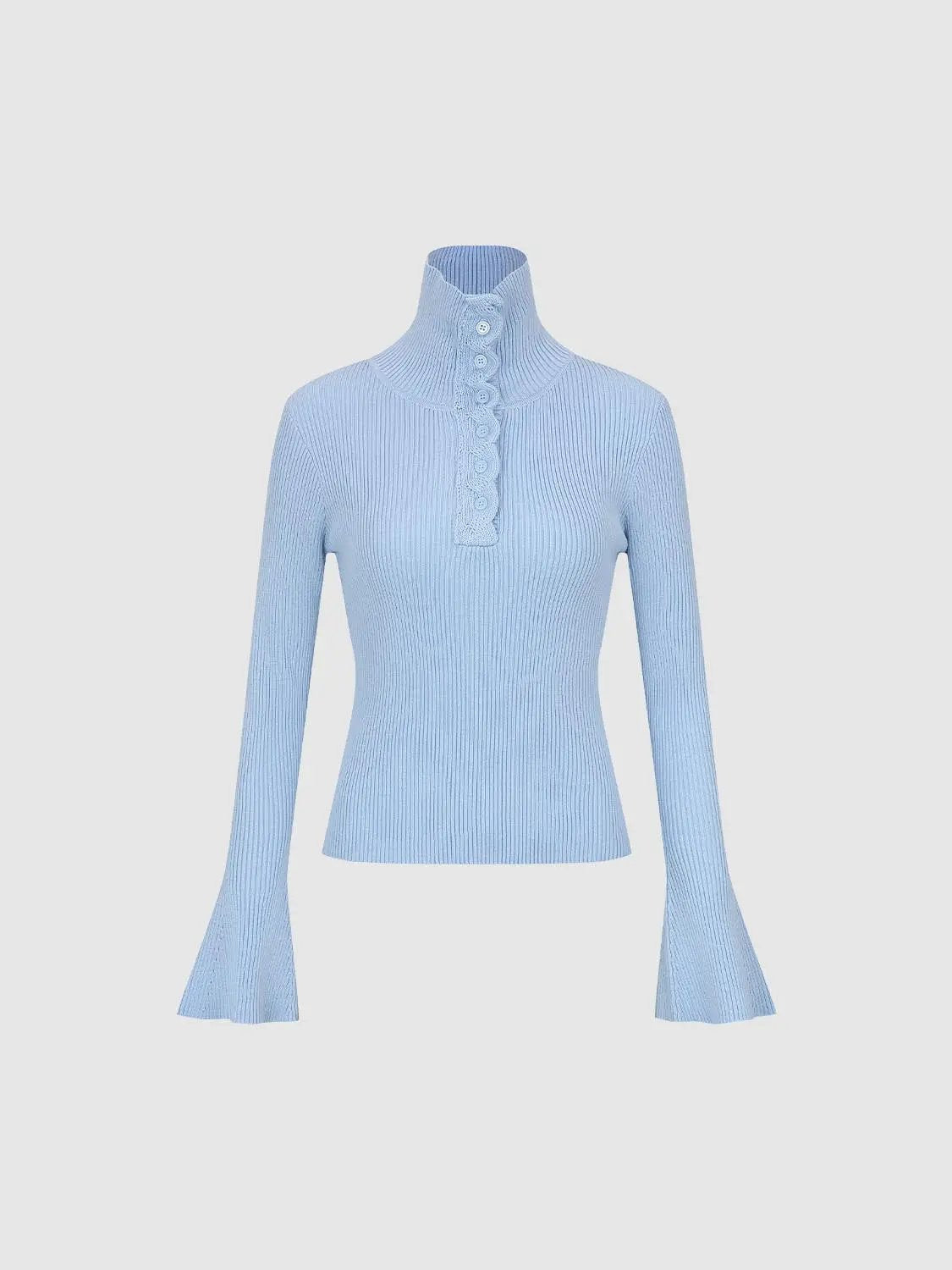 Ribbed Button Front Flared Mock Neck Long Sleeve Sweater
