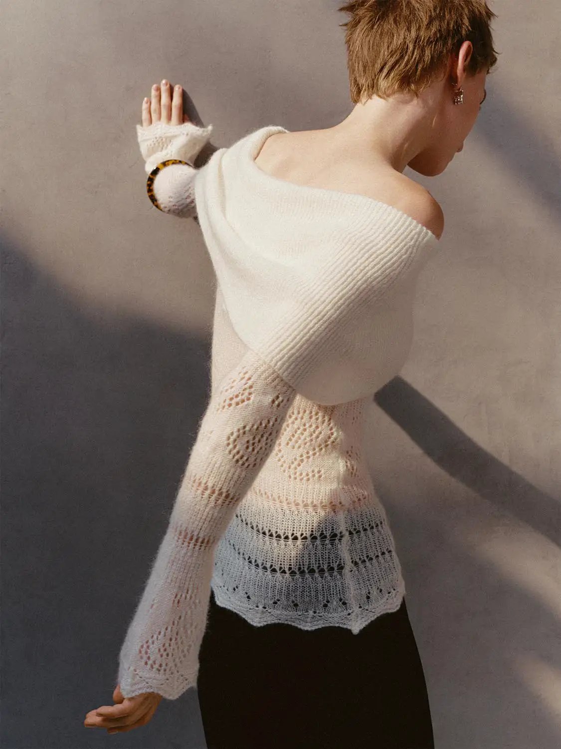 Off-Shoulder Rib Knit Lace Long Sleeve T-Shirt