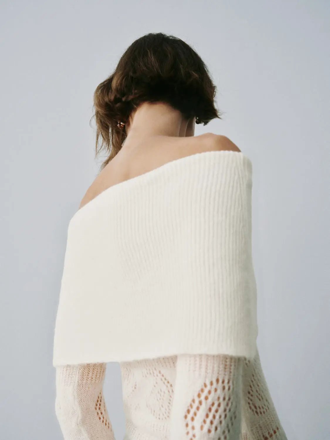 Off-Shoulder Rib Knit Lace Long Sleeve T-Shirt