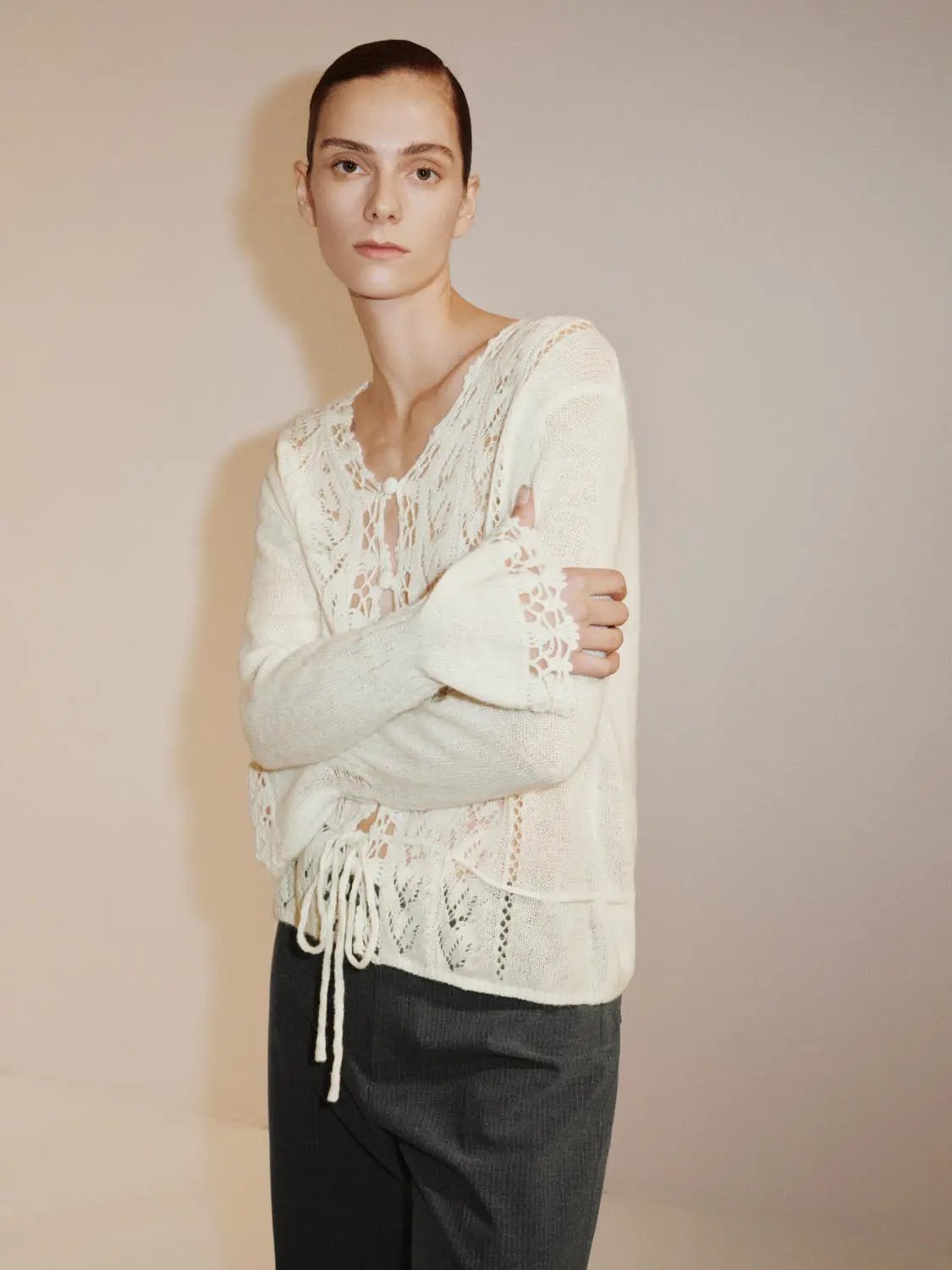 Textured Button Front V-neck Long Sleeve Tie Waist Cardigan