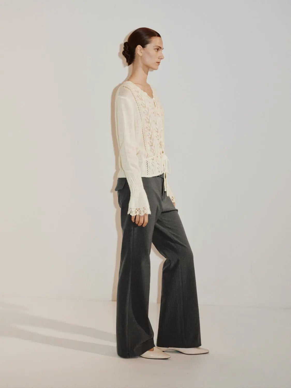Textured Button Front V-neck Long Sleeve Tie Waist Cardigan