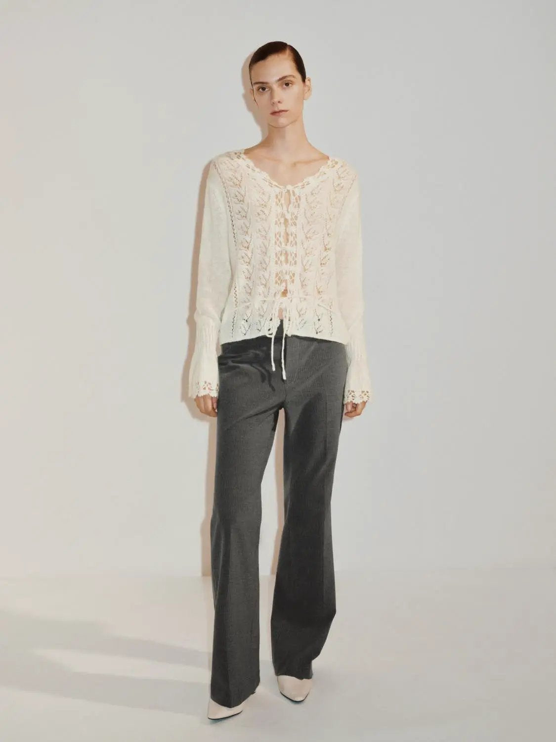 Textured Button Front V-neck Long Sleeve Tie Waist Cardigan