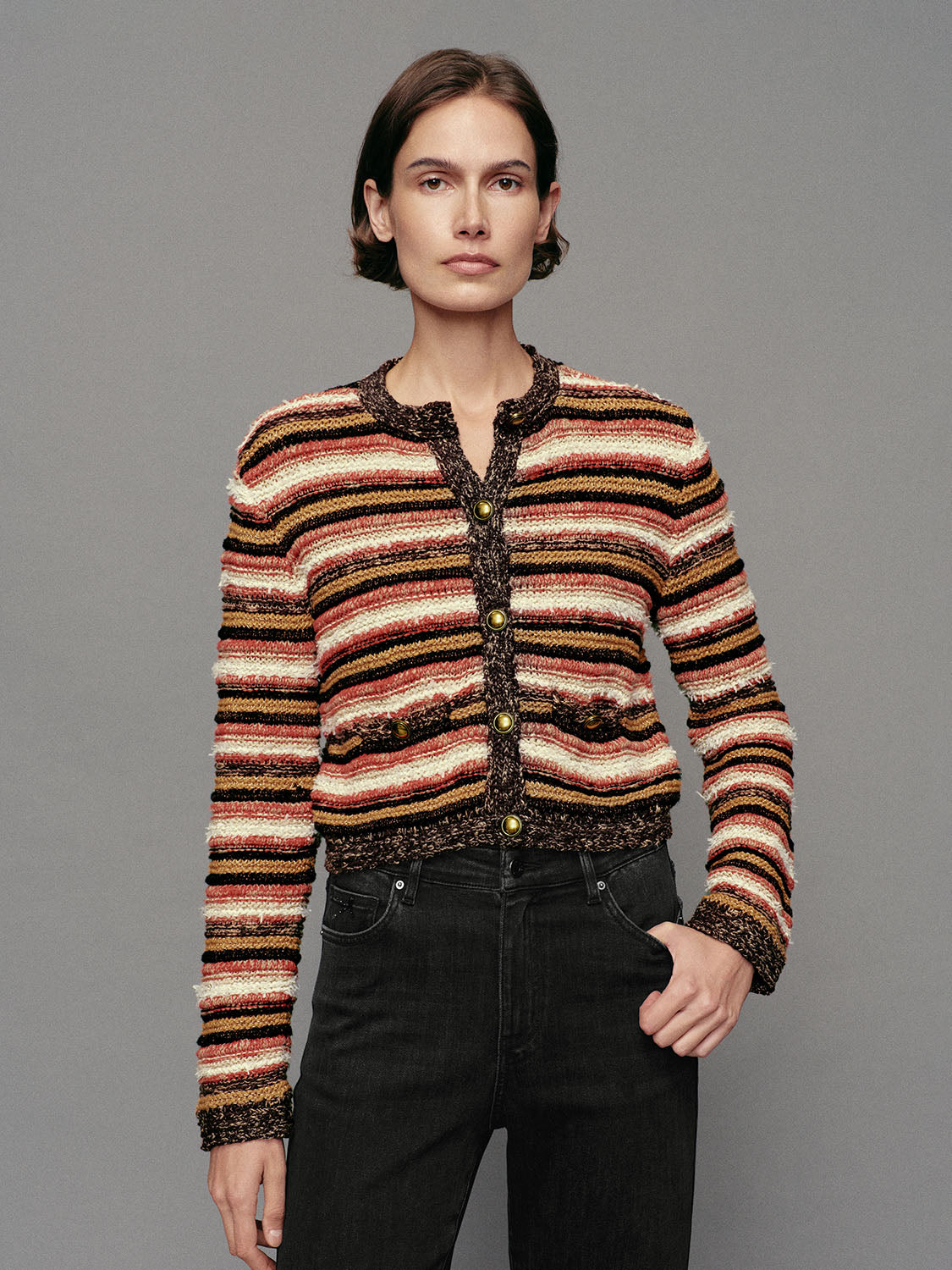 Striped Knit Crew Neck Long Sleeve Cotton Blend Jacket