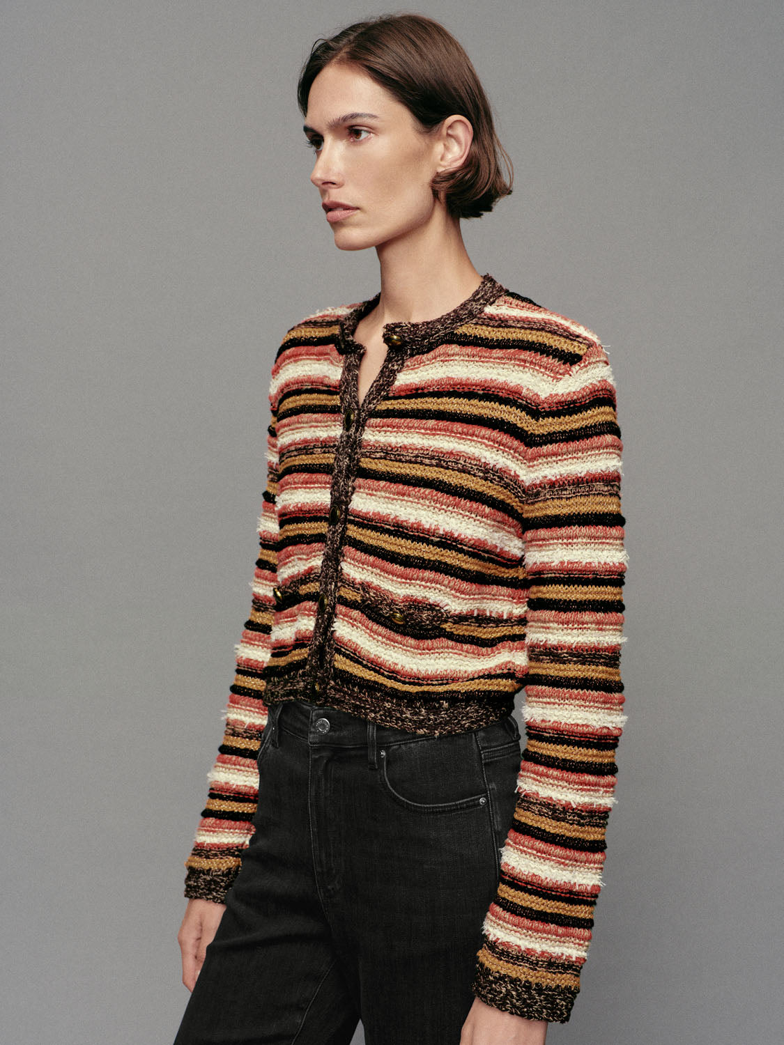 Striped Knit Crew Neck Long Sleeve Cotton Blend Jacket