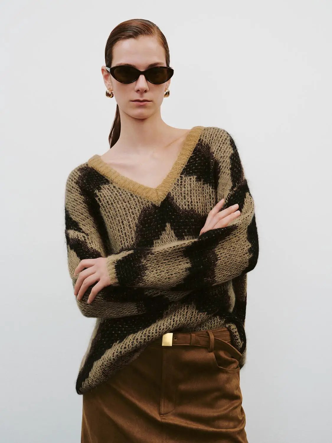 Wool Blend Abstract Print Long Sleeve V-neck Sweater