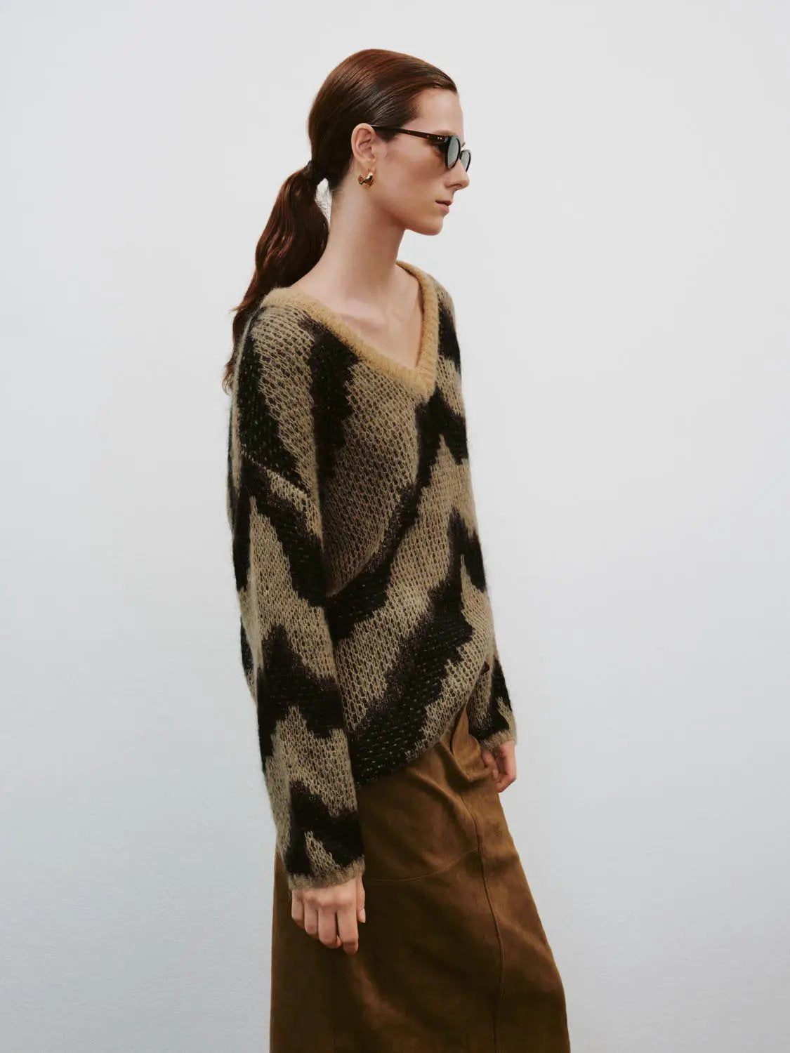 Wool Blend Abstract Print Long Sleeve V-neck Sweater