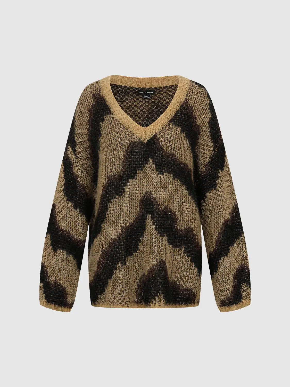 Wool Blend Abstract Print Long Sleeve V-neck Sweater