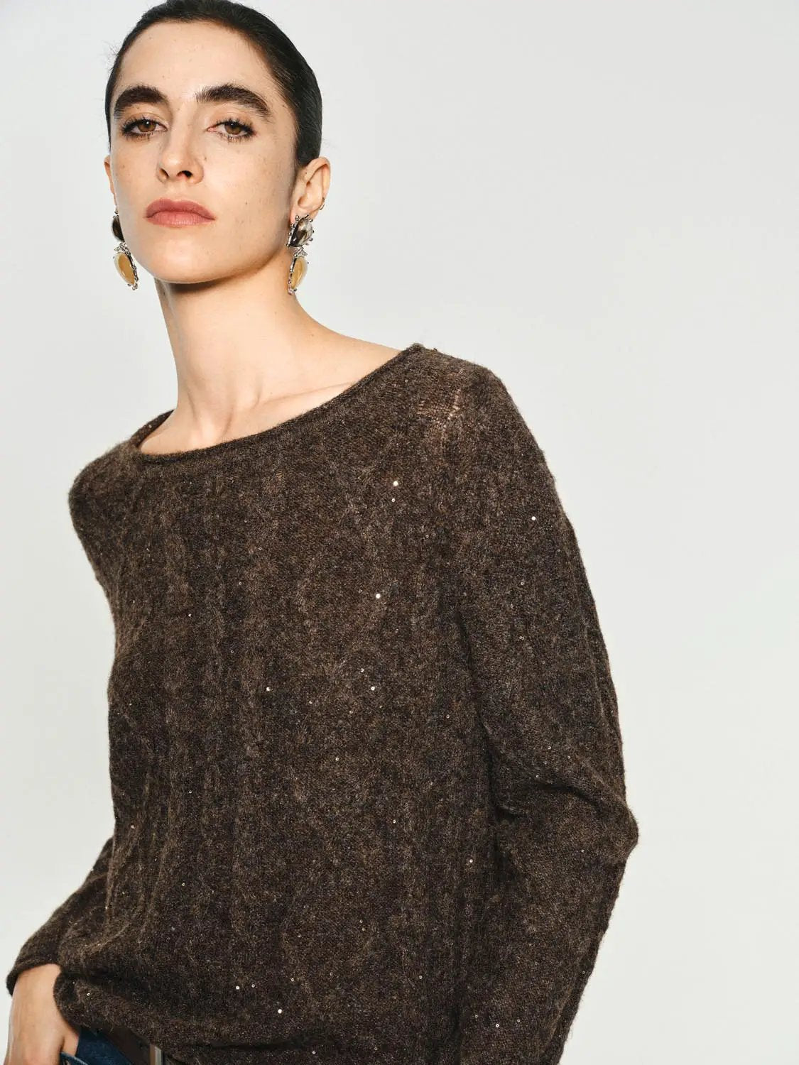 Textured Long Sleeve Oversized Boat Neck Knit Sweater