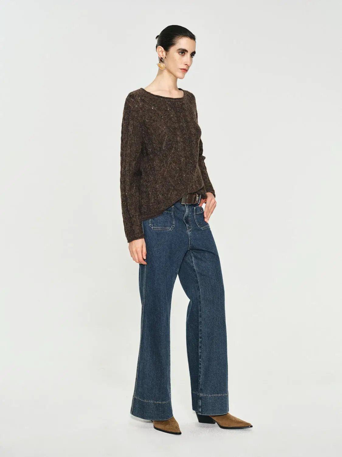Textured Long Sleeve Oversized Boat Neck Knit Sweater