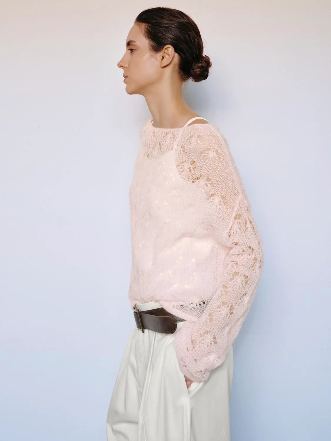 Open Knit Long Sleeve Cropped Boat Neck Sweater