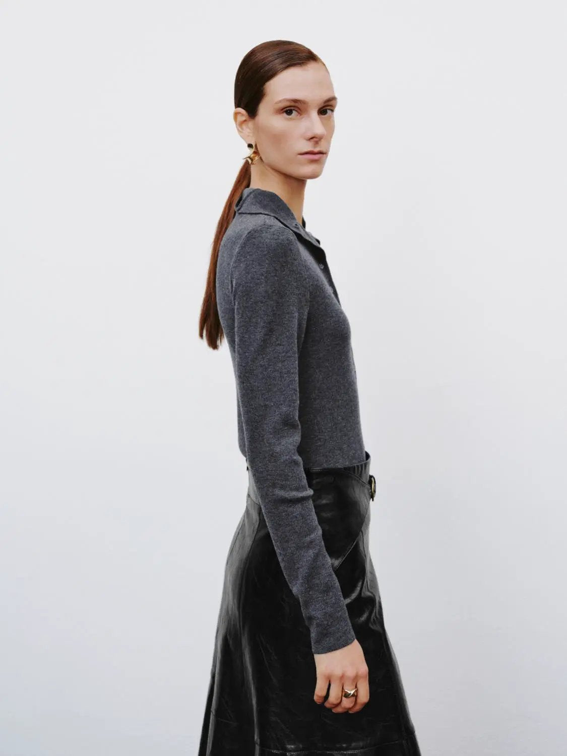 Fitted Button Front Mock Neck Long Sleeve Sweater