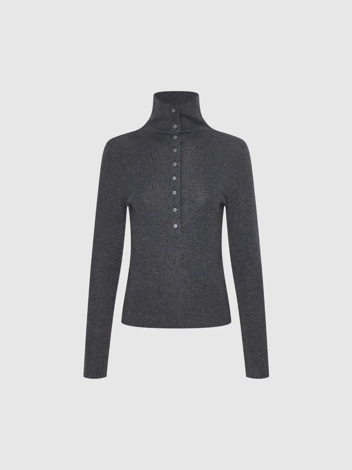 Fitted Button Front Mock Neck Long Sleeve Sweater