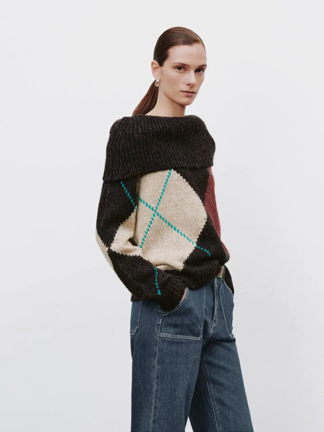 Boxy Ribbed Checked Boat Neck Long Sleeve Sweater