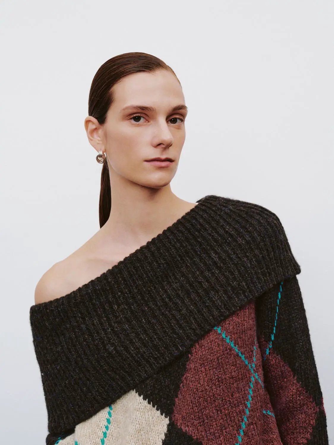 Boxy Ribbed Checked Boat Neck Long Sleeve Sweater