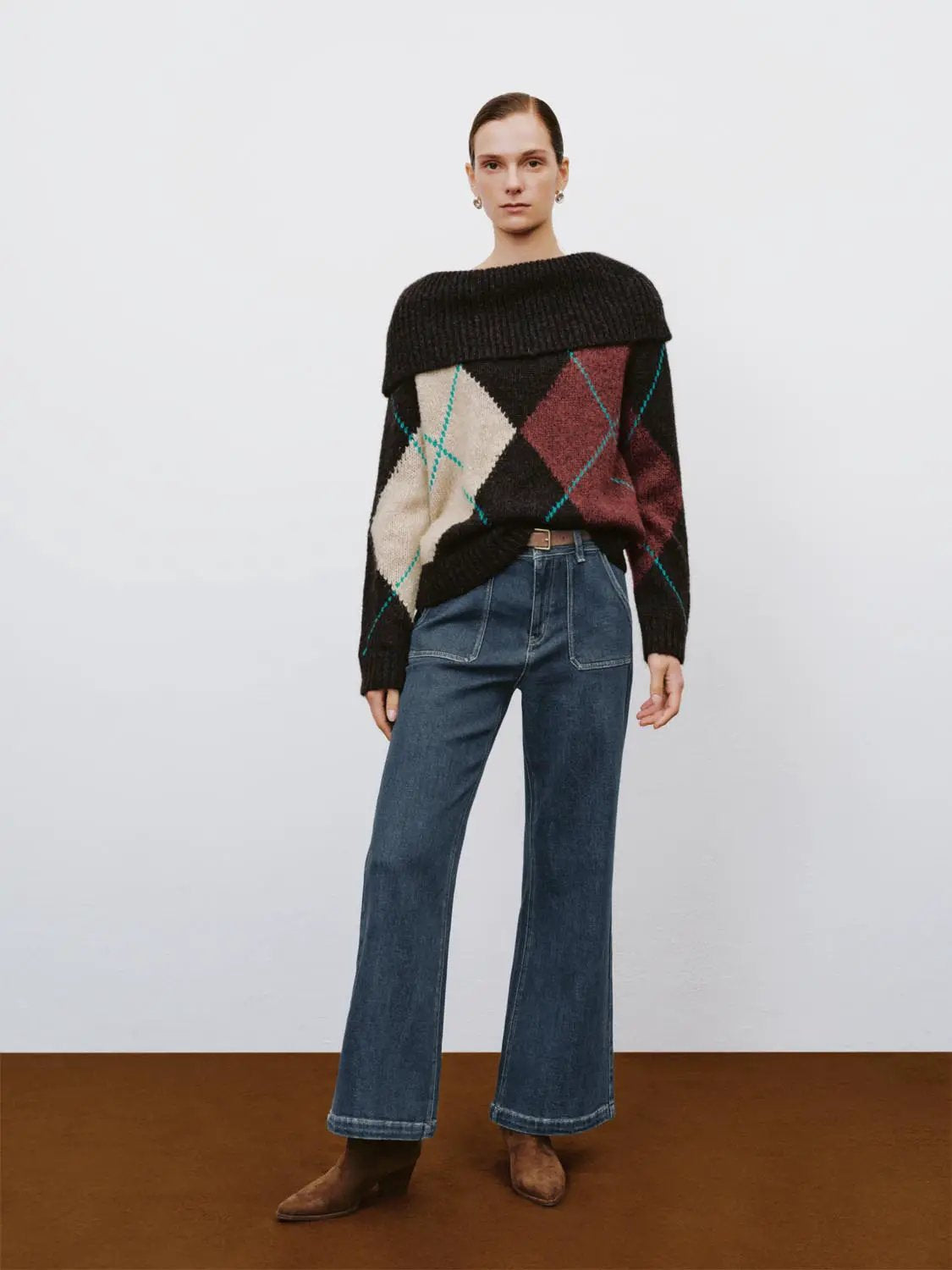 Boxy Ribbed Checked Boat Neck Long Sleeve Sweater