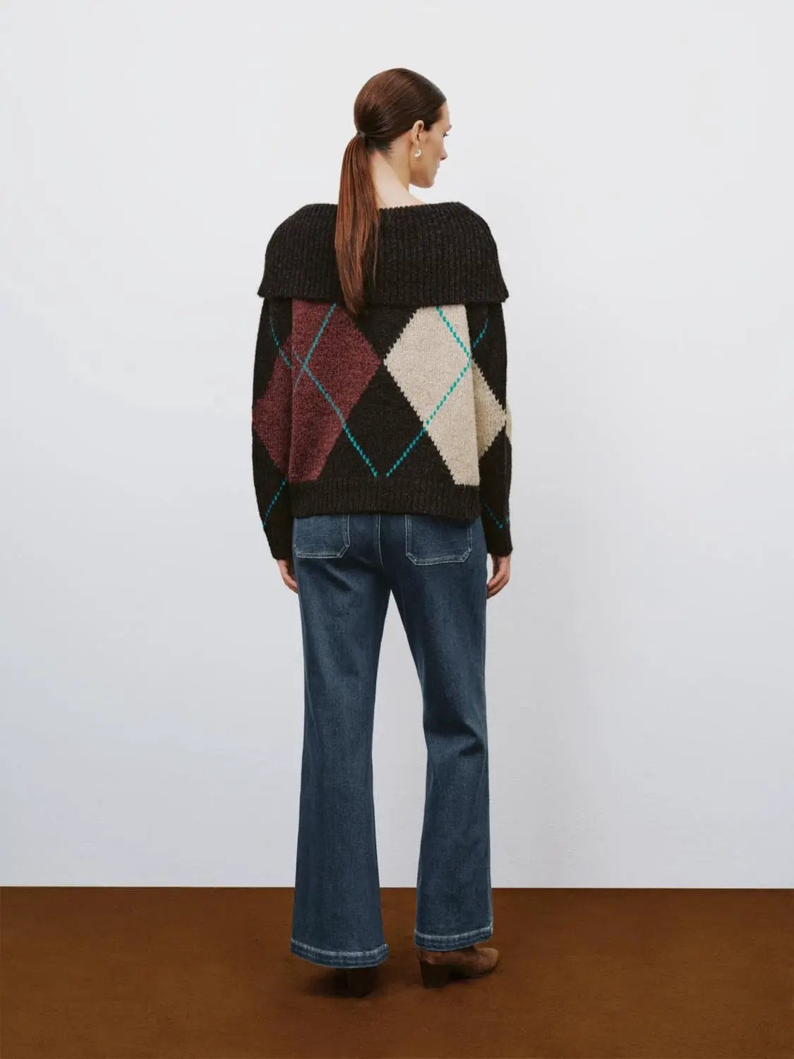 Boxy Ribbed Checked Boat Neck Long Sleeve Sweater