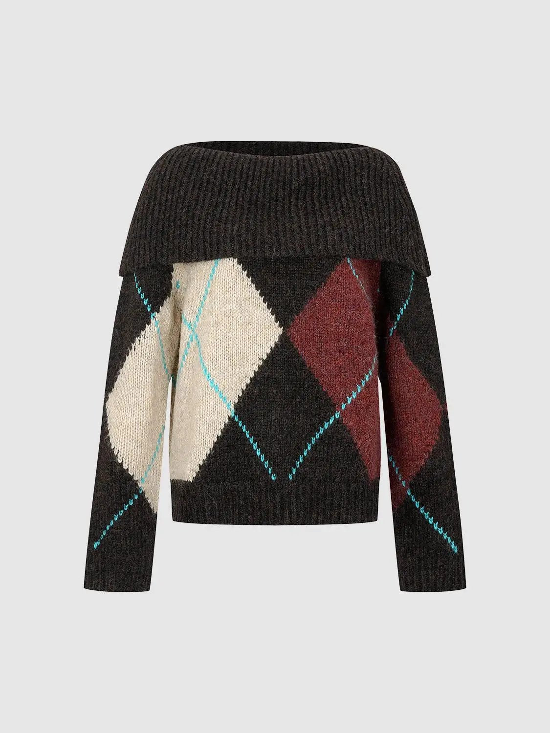 Boxy Ribbed Checked Boat Neck Long Sleeve Sweater