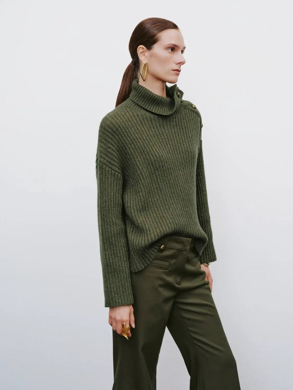Ribbed Asymmetric Button Long Sleeve Sweater