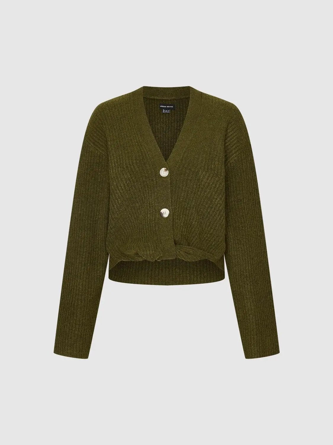 Ribbed Button Front Long Sleeve V-Neck Twisted Hem Cardigan