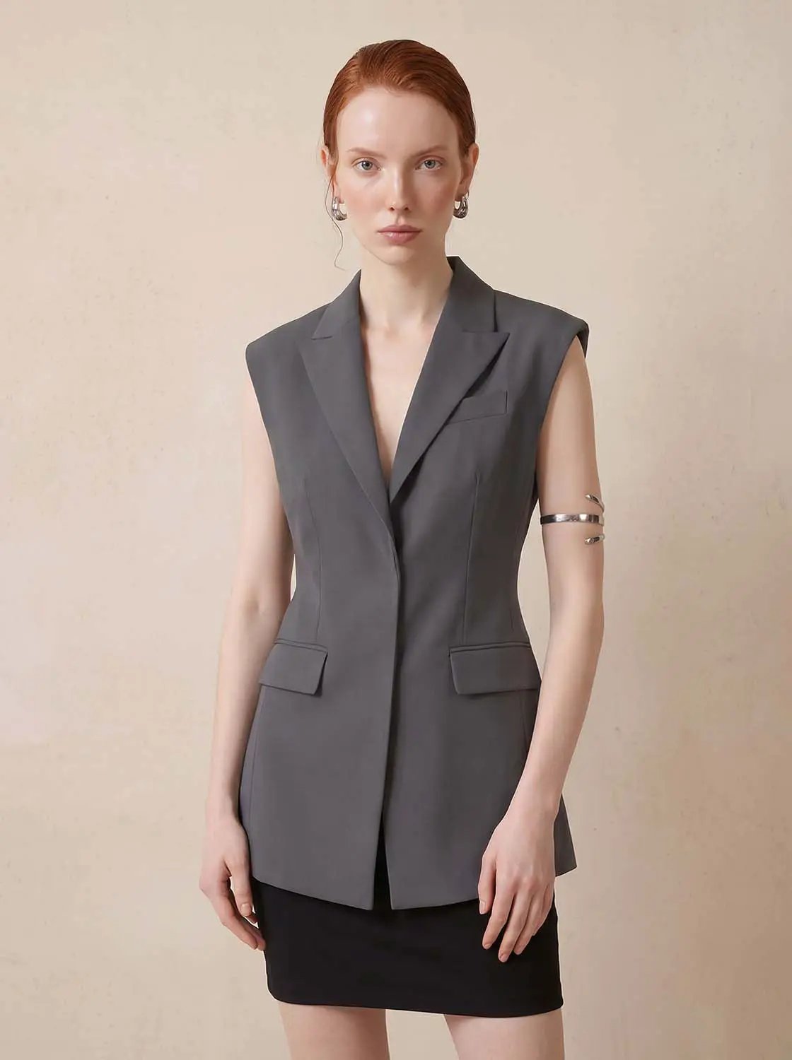 Sleeveless Lapel Collar Button Front Vest
