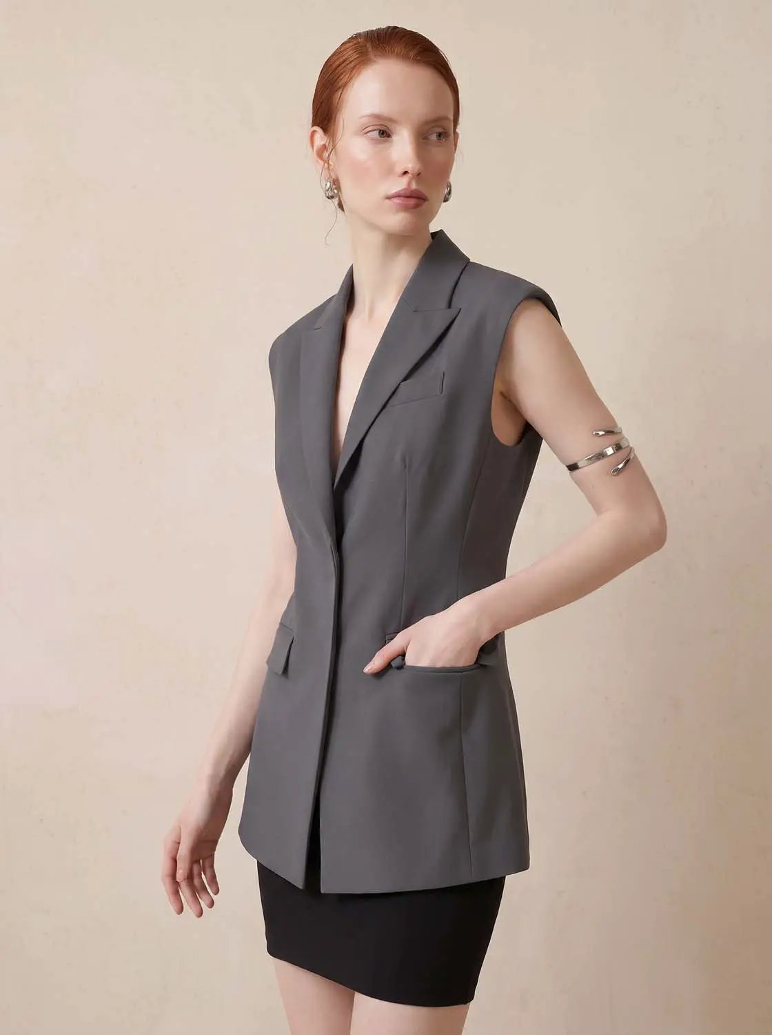 Sleeveless Lapel Collar Button Front Vest