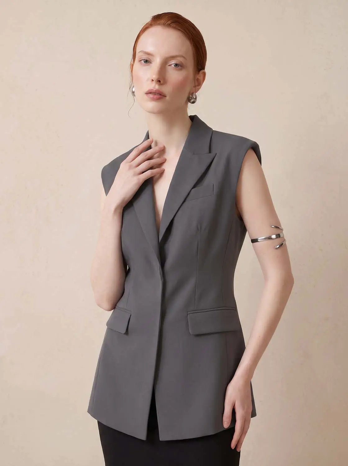 Sleeveless Lapel Collar Button Front Vest
