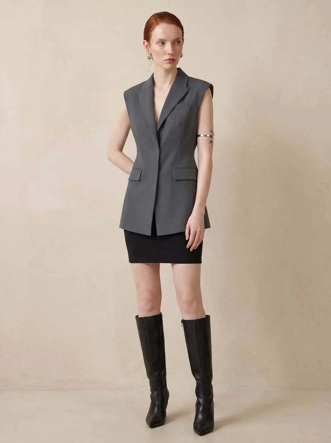Sleeveless Lapel Collar Button Front Vest
