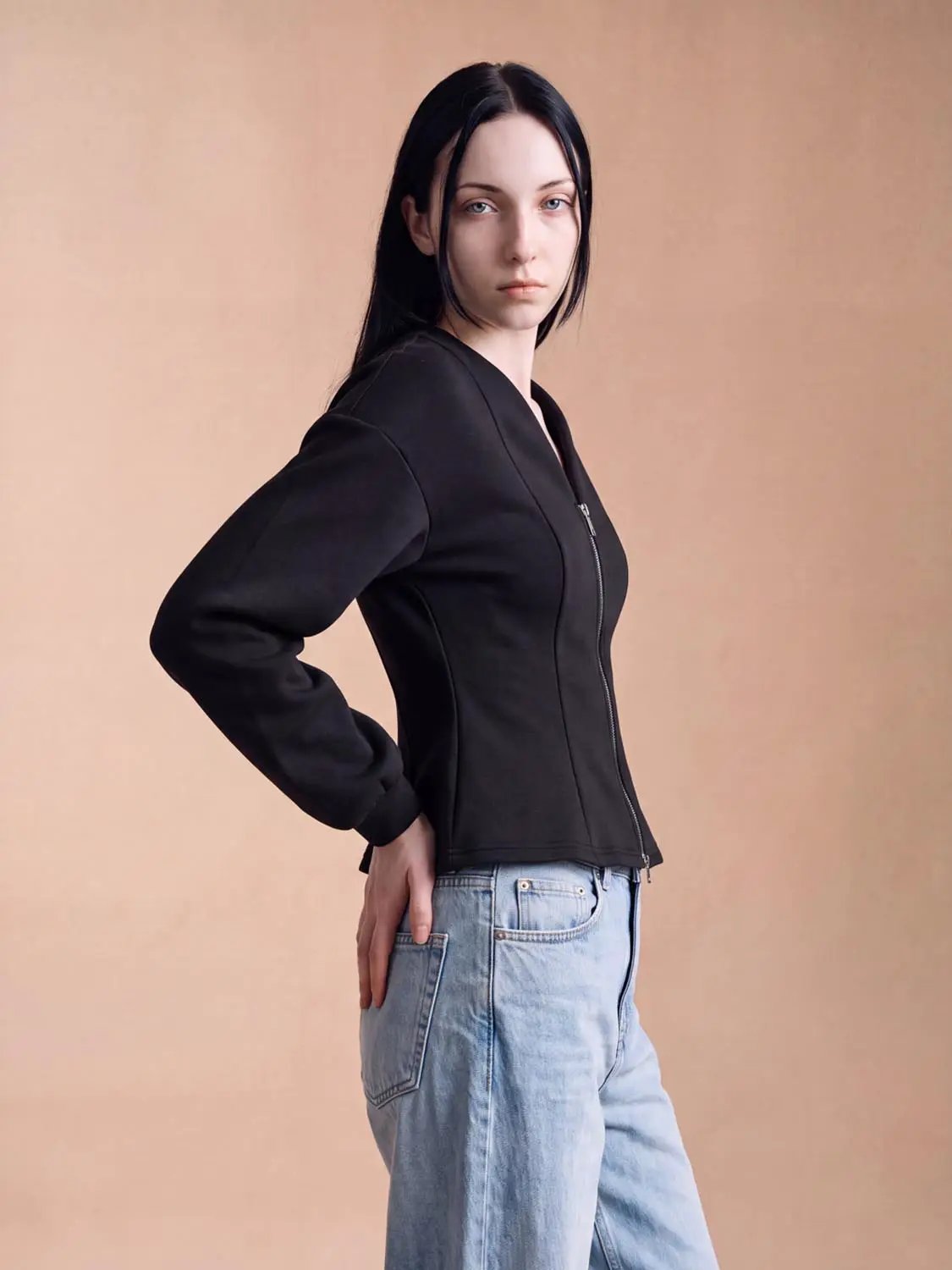 V Neck Zip Front Fitted Waist Cropped Jacket