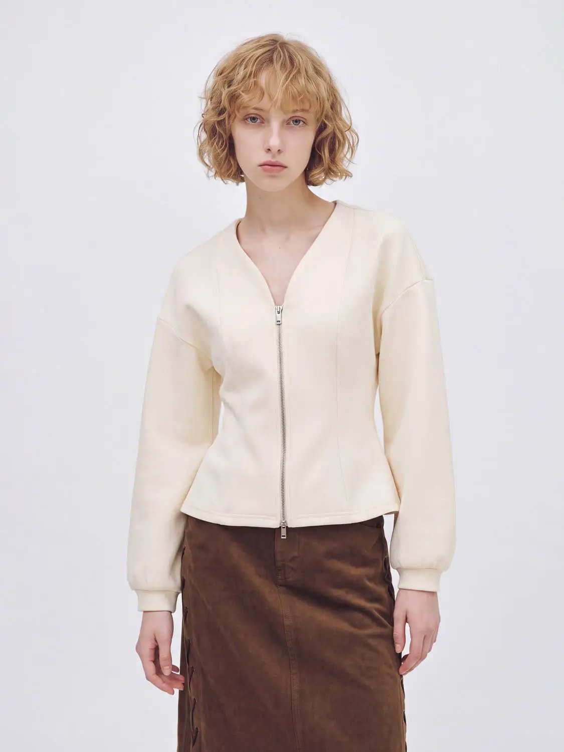 V Neck Zip Front Fitted Waist Cropped Jacket