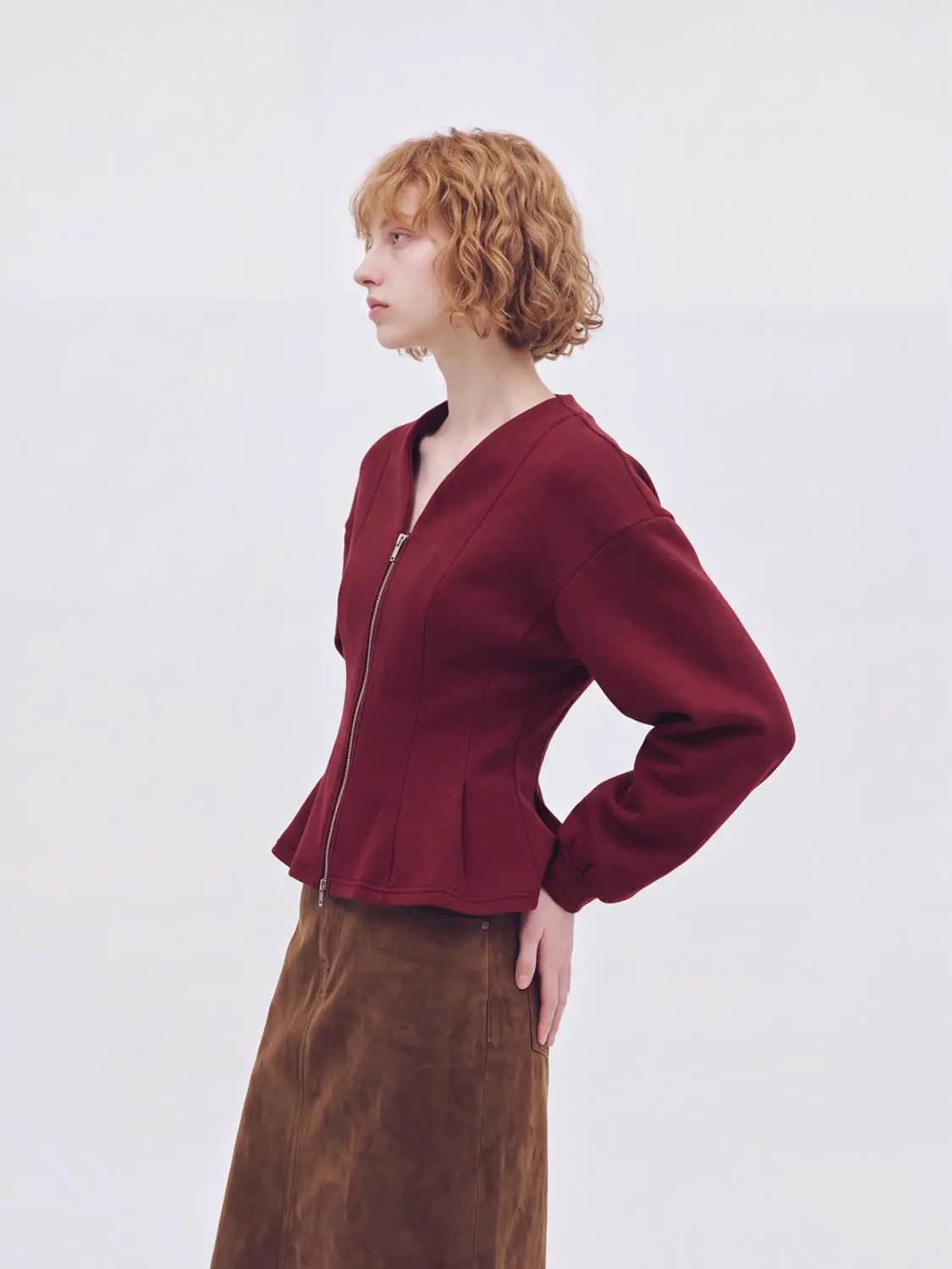 V Neck Zip Front Fitted Waist Cropped Jacket