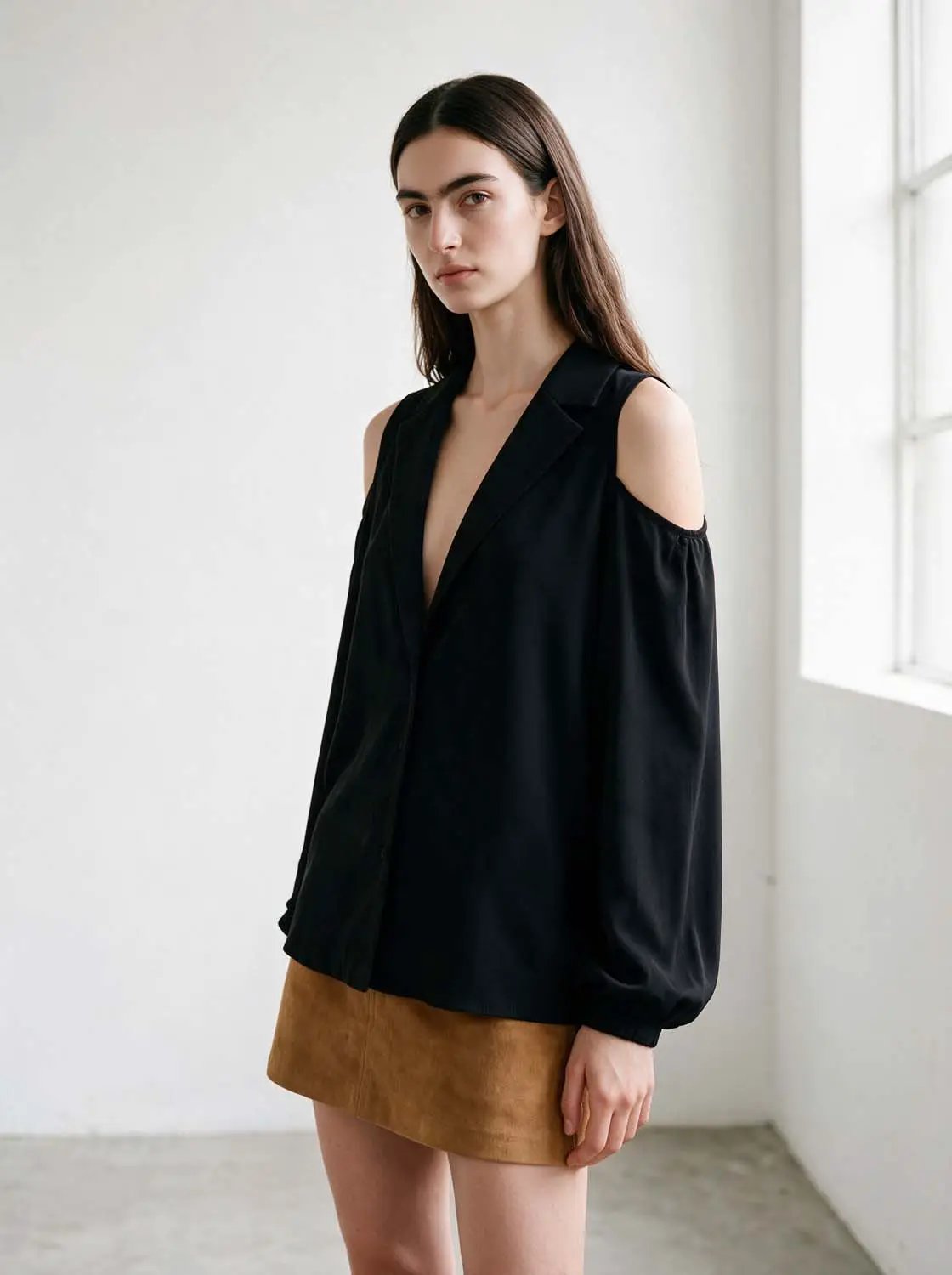 Lapel Cold Shoulder Puff Sleeve Thick Fabric Cropped Top