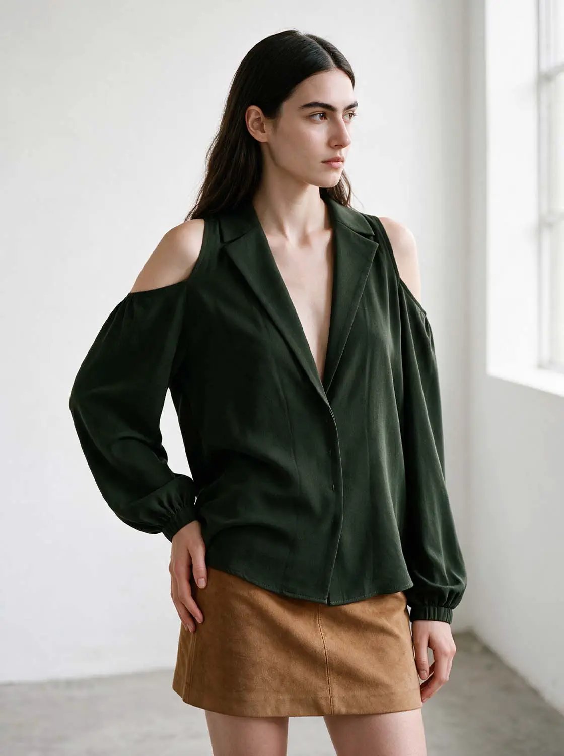 Lapel Cold Shoulder Puff Sleeve Thick Fabric Cropped Top