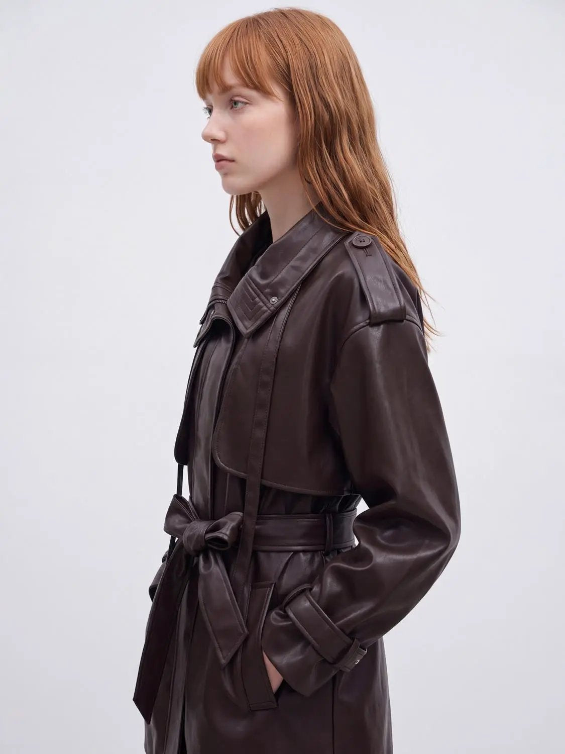 Funnel Neck Waist Belted Loose Fit Long Sleeve Trench Coat