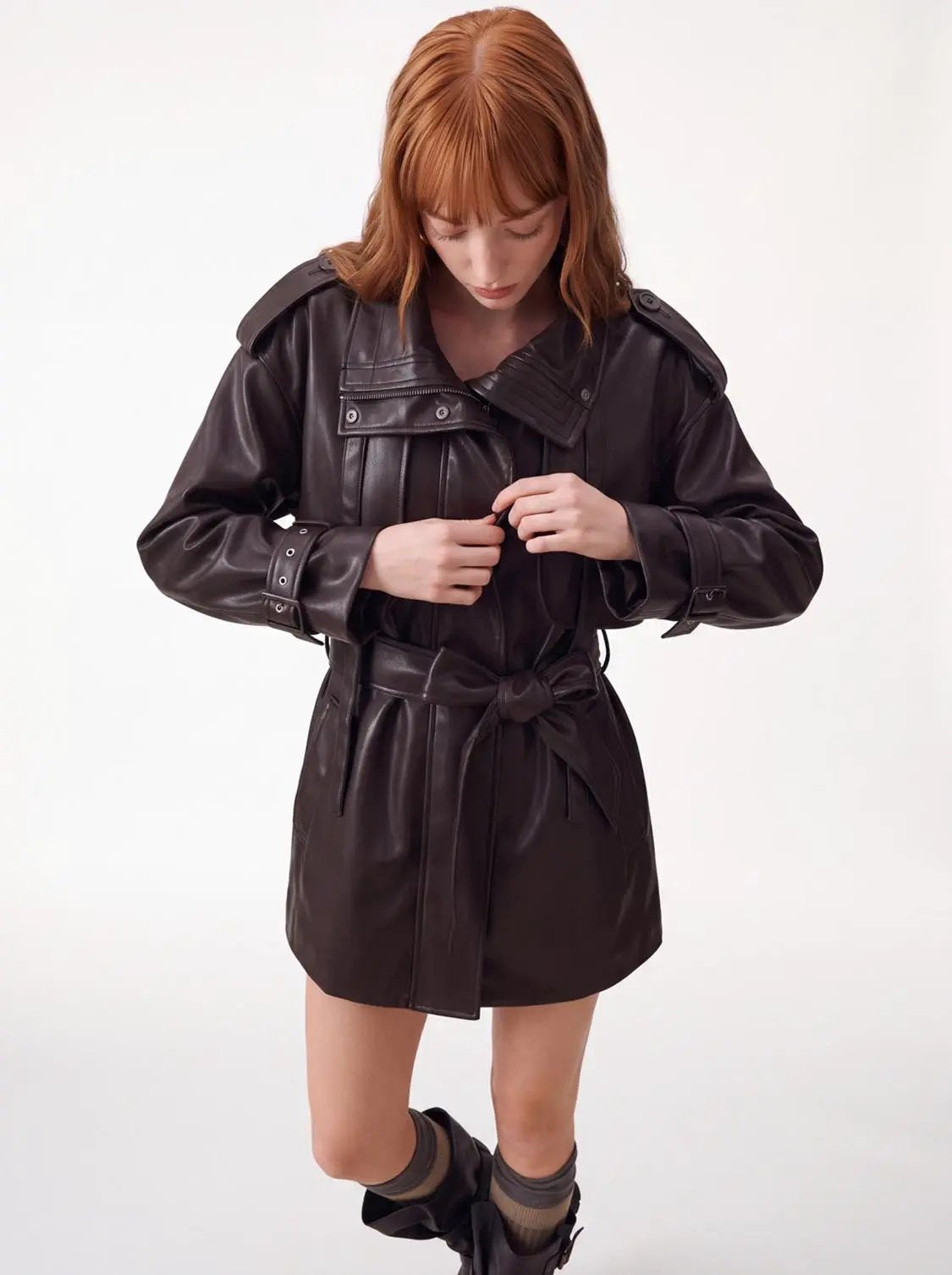 Funnel Neck Waist Belted Loose Fit Long Sleeve Trench Coat