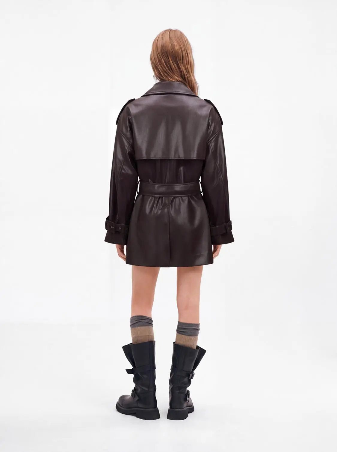 Funnel Neck Waist Belted Loose Fit Long Sleeve Trench Coat
