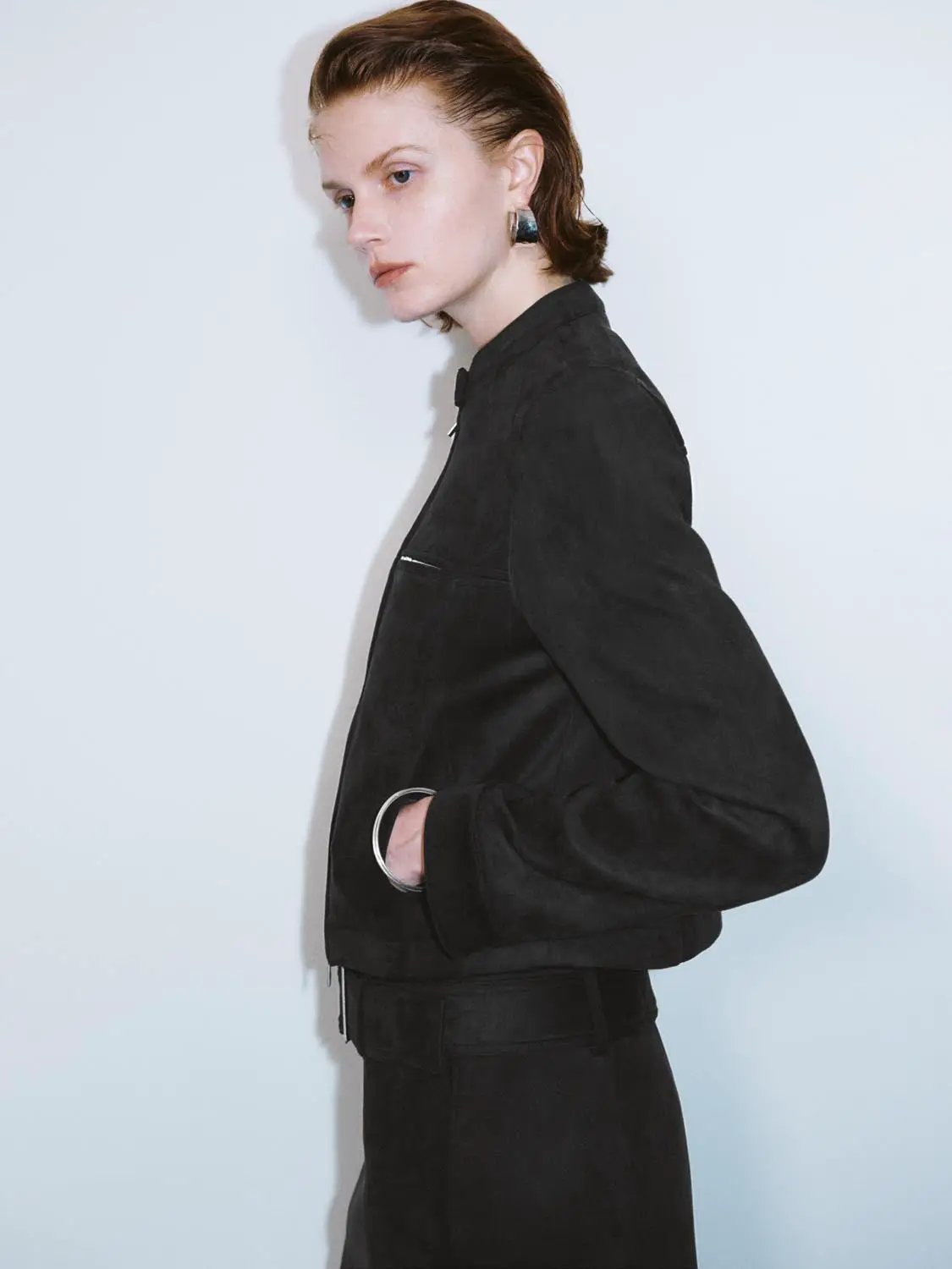 Zip Front Stand Collar Belted Long Sleeve Jacket