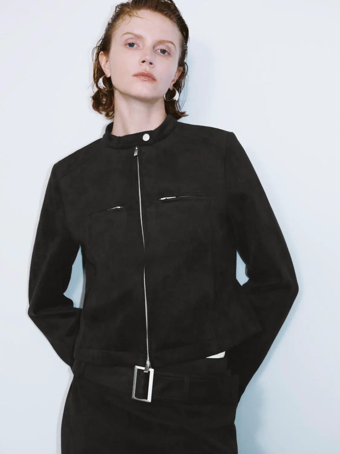 Zip Front Stand Collar Belted Long Sleeve Jacket