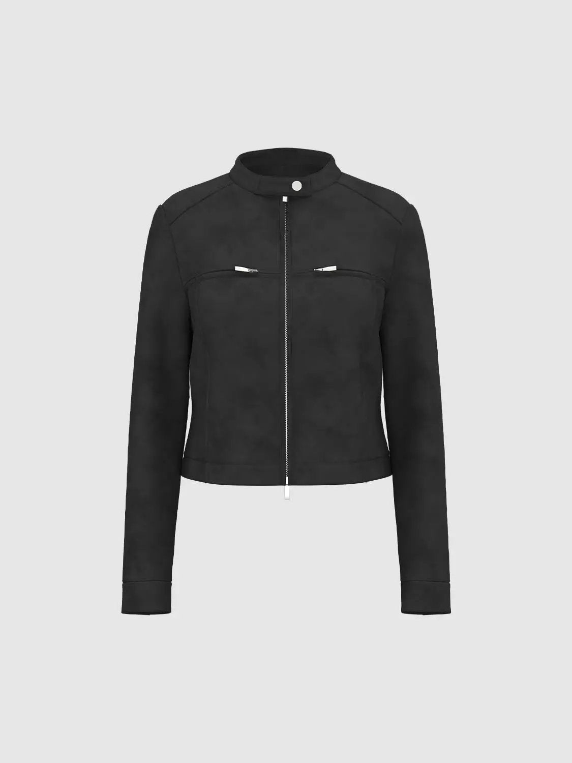 Zip Front Stand Collar Belted Long Sleeve Jacket