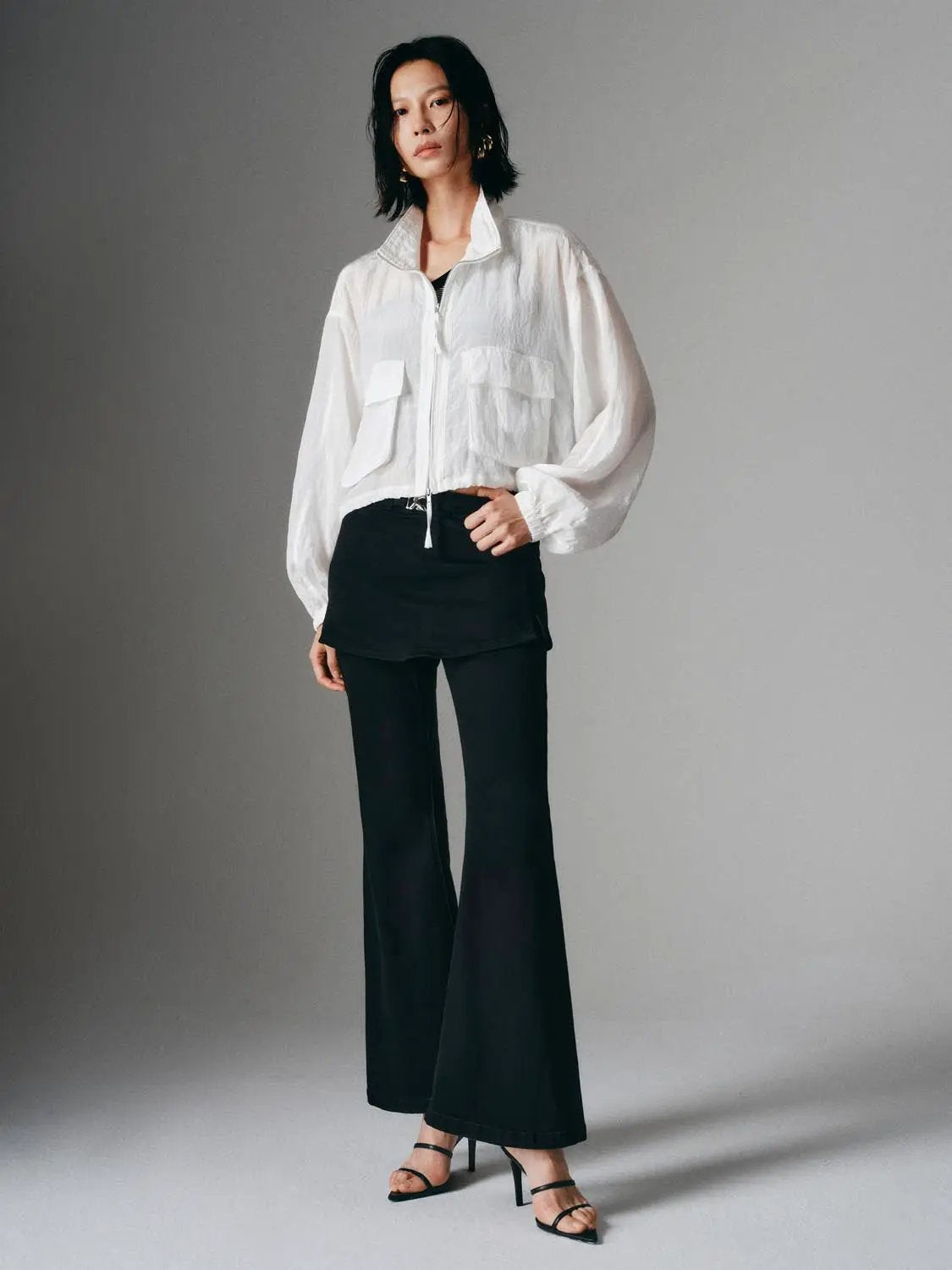 Textured Shirt Collar Patch Pocket Long Sleeve Jacket