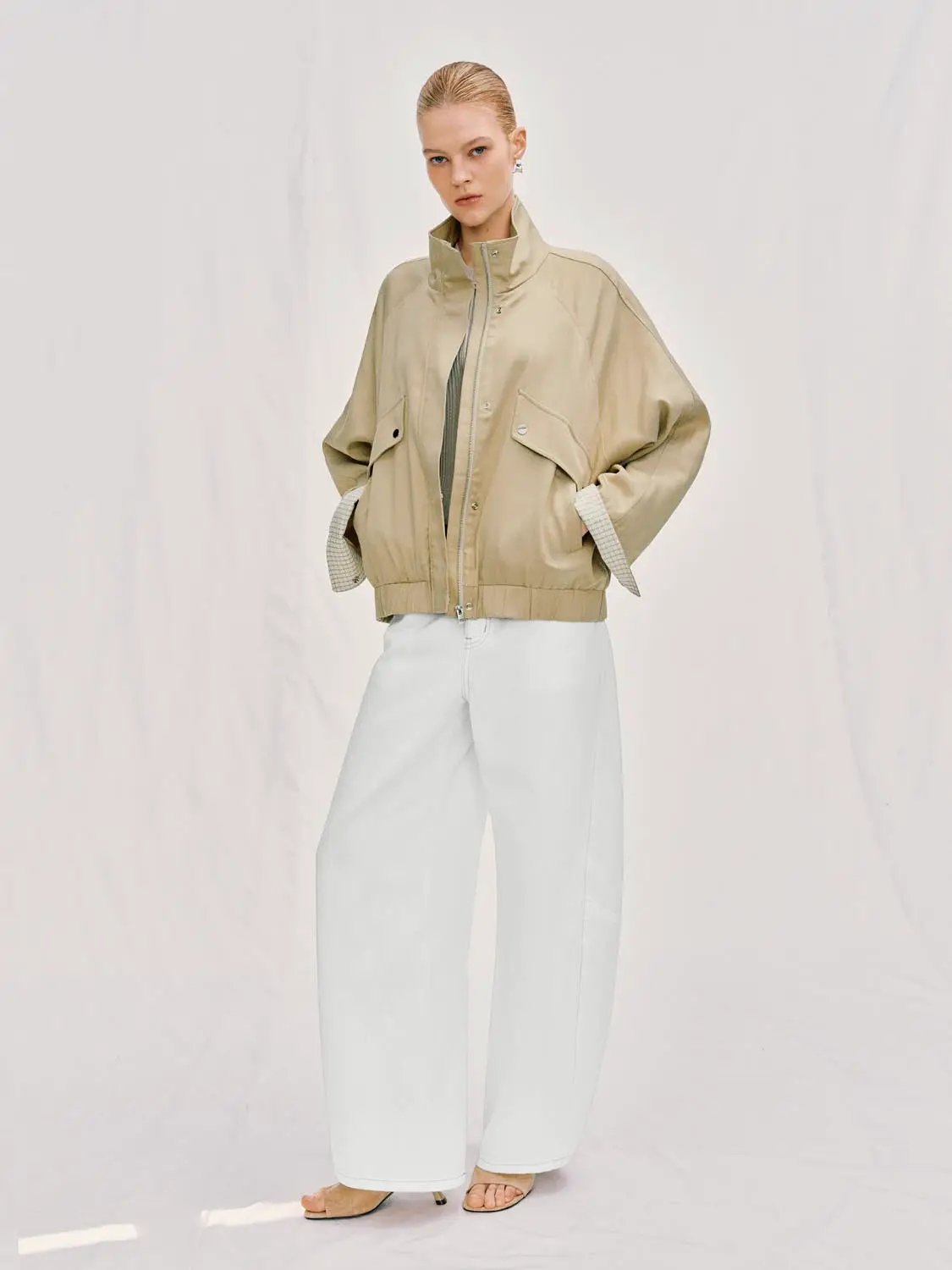 Zip Front Oversized Stand Collar Long Sleeve Jacket