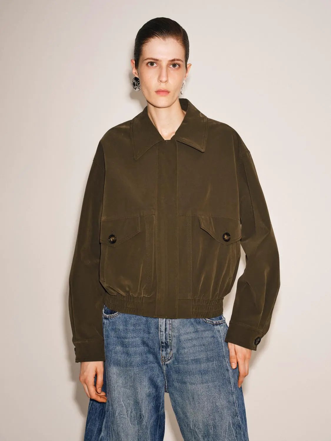 Olive Oversized Shirt Collar Front Zipper Jacket