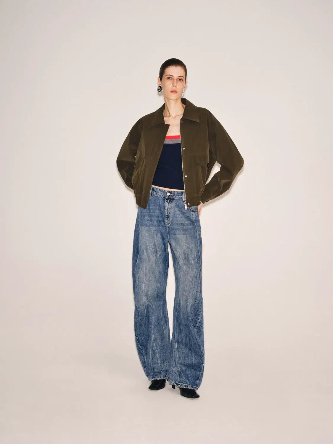 Olive Oversized Shirt Collar Front Zipper Jacket