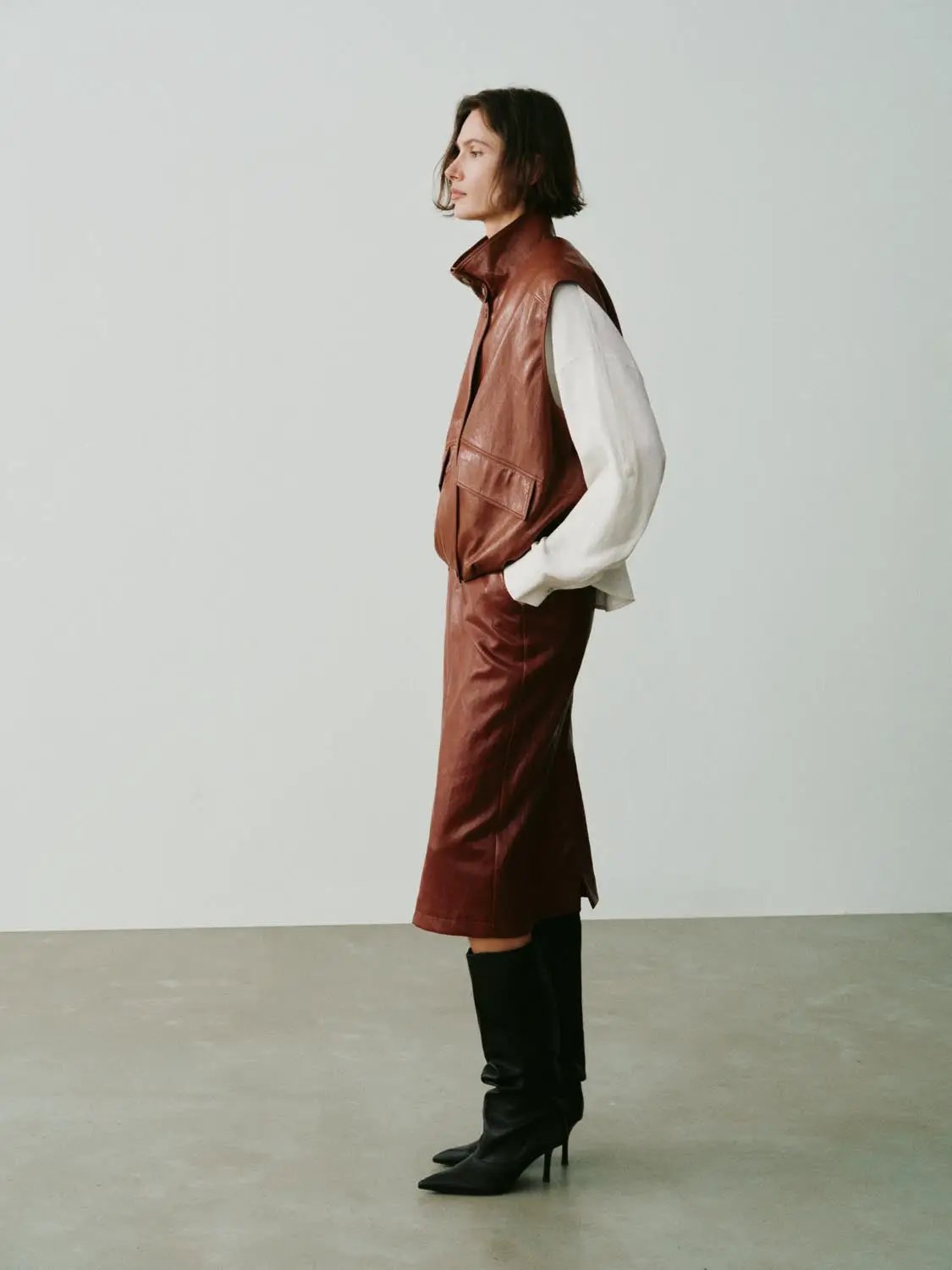 Snap Button Stand Collar Sleeveless Faux Leather Vest