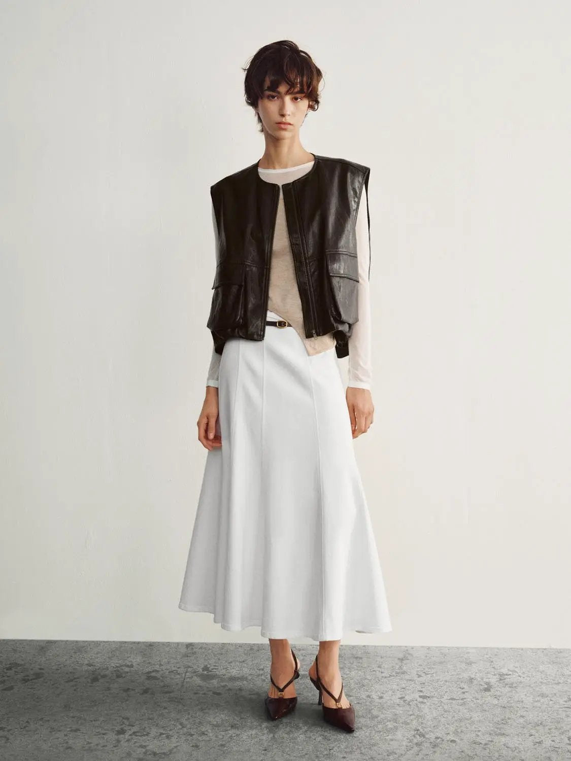 Coated Zip Front Panelled Crew Neck Sleeveless Vest