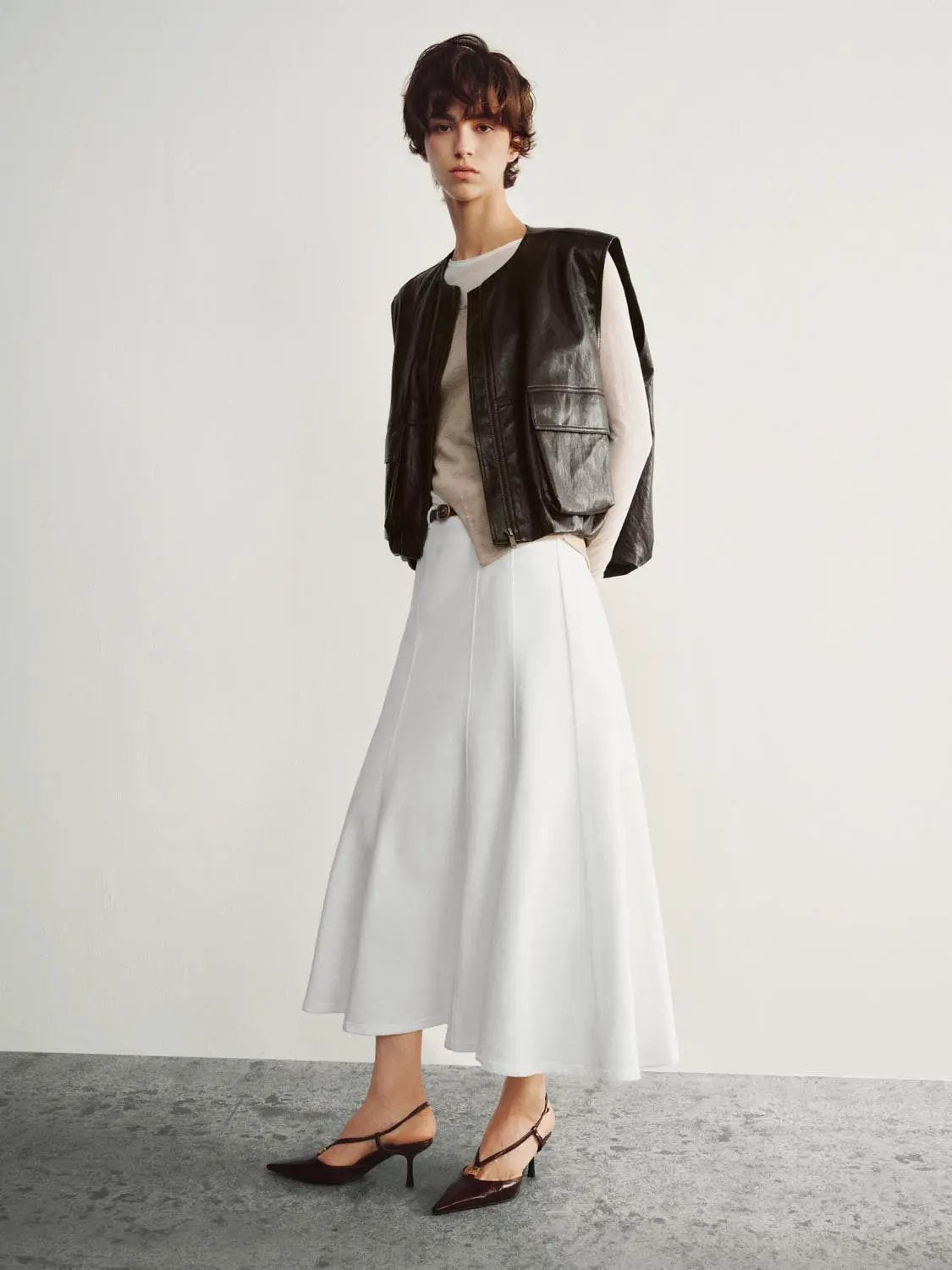 Coated Zip Front Panelled Crew Neck Sleeveless Vest