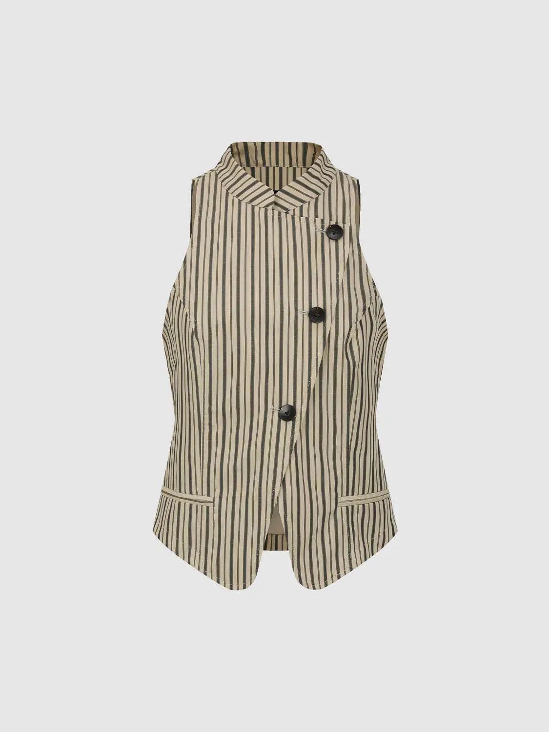 Stripe Stand Collar Sleeveless Asymmetric Button Vest