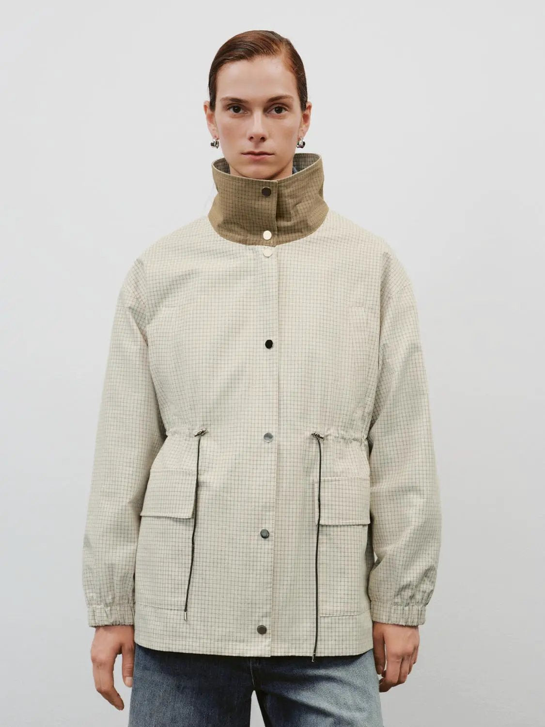 Checked Long Sleeve Cotton Blend Trench Coat